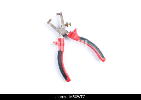 Pliers for removing isolation from electrical cables with red handles isolated on a white background. Electrician tool Stock Photo