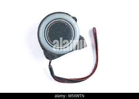 Yellow metal measuring tape in plastic grey case isolated on a white background. Path saved. Stock Photo