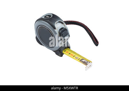 Yellow metal measuring tape in plastic grey case isolated on a white background. Path saved. Stock Photo