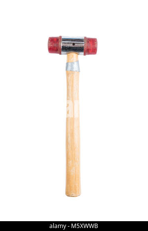 Small hammer with wooden handle and red rubber head isolated on a white background. Path saved. Construction equipment. Stock Photo
