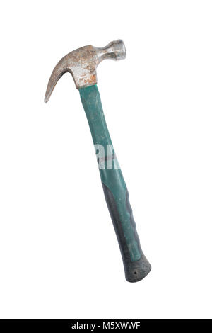 Used metal, claw hammer with green handle isolated on white background. Construction equipment. Stock Photo