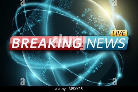 Breaking news live. Futuristic planet earth. World map of luminous dots. twisted glowing, blurry neon lines. Technology and business. Live on TV. Spac Stock Vector
