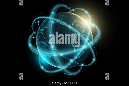 Futuristic planet earth. Glowing world map of dots. Abstract background. Space composition. Space cyber concept. Global network connection. Graphic el Stock Vector
