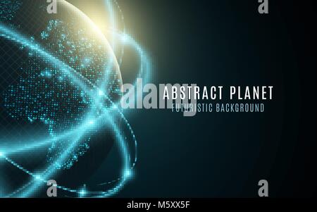 Futuristic planet earth. Glowing world map of dots. Abstract background. Space composition. Global network connection. Graphic element. Vector illustr