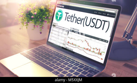 TETHER on the Laptop Screen. Cryptocurrency Concept. 3d Stock Photo