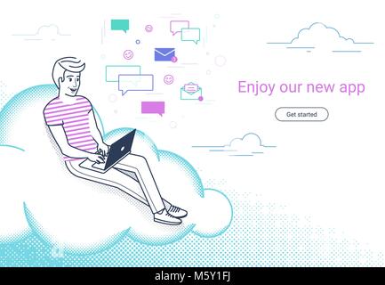 Young man sitting on the cloud in the sky and working with laptop Stock Vector