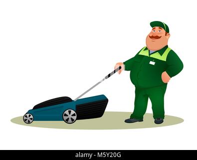 Funny cartoon farmer with lawn mower. Smiling fat character gardener man in green suit cutting grass isolated on white background. Happy flat worker from lawn care service Colorful vector illustration Stock Vector