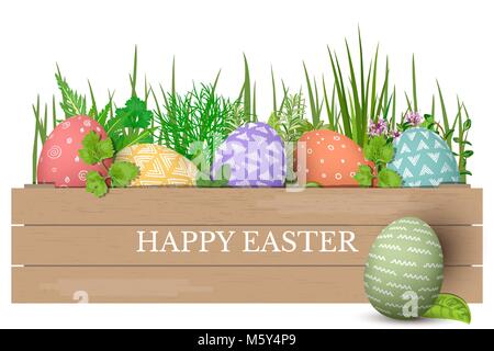 Happy Easter. Easter colorful eggs in row in brown wooden crate with cooking herbs. box with simple ornaments. floral decoration. vector illustration. Stock Vector