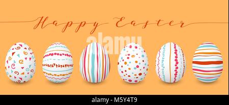 Happy Easter row. Set of colorful Easter eggs with different simple textures. simple orange, red, blue stripes, patterns on golden background. Spring  Stock Vector