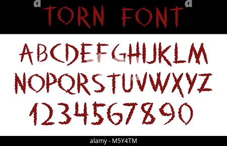 TORN. Hand written display red font calligraphy. ABC. Scratched decorative colored Vector alphabet and numbers. Claw cuts animal wounds. Hand drawn Stock Vector