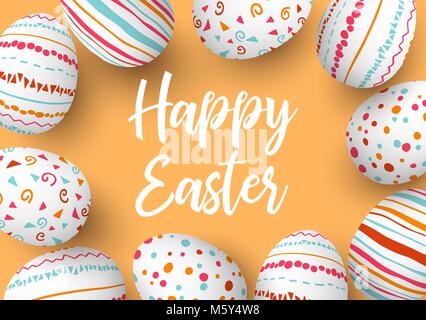 Happy Easter eggs square frame with text. Colorful easter eggs on golden background. hand font. Scandinavian ornaments. simple orange, red, blue strip Stock Vector