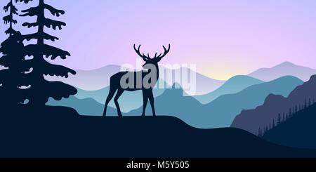 Mountains, alpine wild fallow deer and forest at sunrise. landscape with silhouettes. Vector illustration. hills, trees, mist, sun ray, elk with sunri Stock Vector