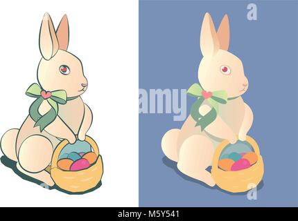 Easter Bunny with a basket of colored Easter eggs. Sticker or design vector illustration. Stock Vector