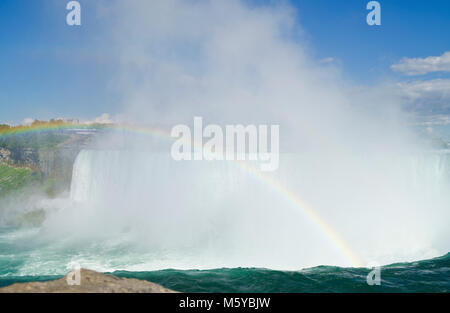 Rainbow formed in the mist rising from Niagara Falls.  By the Horseshoe Falls on the Canadian side. Stock Photo