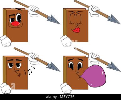 Books holding spear in his hand. Cartoon book collection with various faces. Expressions vector set. Stock Vector