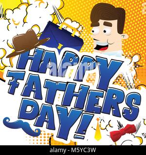 Vector illustrated banner, greeting card or poster for Father's day with text, cartoon man and objects. Stock Vector