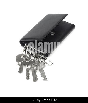 Black Leather Purse Key Chain on White Background Stock Photo