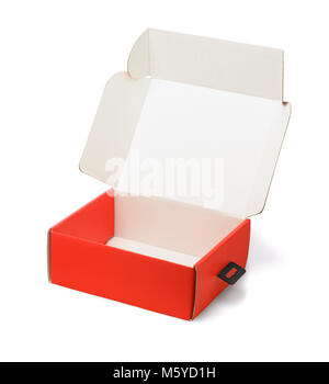 Open Red Product Packaging Box Lying on White background Stock Photo