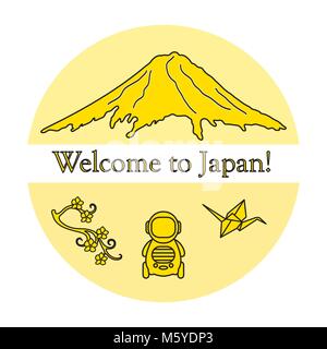 Branch of cherry blossoms, mount Fuji, robot, origami crane. Set of Japan traditional design elements. Stock Vector