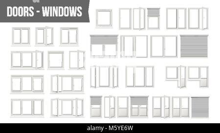 Plastic PVC Windows Doors Set Vector. Different Types. Roller Blind Shutters. Opened And Closed. Front View. Home Design Element. Isolated On White Background Realistic Illustration Stock Vector
