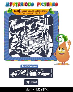 educational game for kids, puzzle. development of logic, iq. Task game Find 12 hidden objects on the picture. Stock Vector