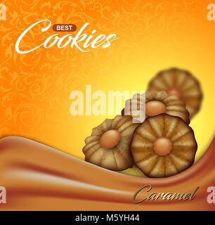 Buttery cookies with caramel on floral pattern backdrop. Label, packaging or advertising poster design. Bright orange and yellow biscuit background Stock Vector