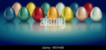 Glossy metallic egg set. Golden, silver, blue, red, green, red, orange, yellow, white color reflect paint collection. Turquoise deep retro background. Stock Vector