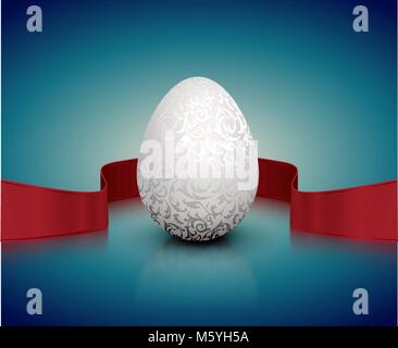 White natural color realistic Easter egg with silver metallic floral pattern and red winding tape. Turquoise deep retro ribbon background with reflect Stock Vector