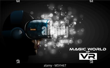 Vector young pretty woman wearing virtual reality headset 3d glasses. Game anime movie style character for vr cover label. Dramatic white bokeh lights Stock Vector