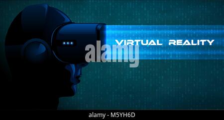 Vector young woman wearing virtual reality headset 3d glasses with blue ray. Game anime movie style character dark vr banner. Turquoise binary code Stock Vector