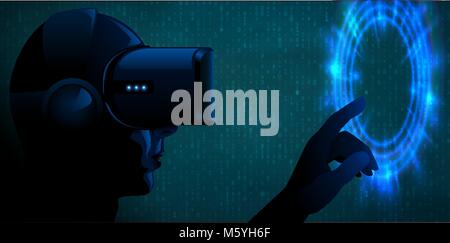 Vector young man wearing virtual reality headset 3d glasses and touch blue glow portal or futuristic interface. Cyber silhouette character dark techno Stock Vector
