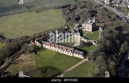 aerial view of Bolsover Castle and grounds taken from over 1500', Derbyshire, UK Stock Photo