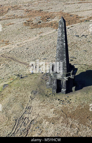 aerial view of walkers next to Stoodley Pike Monument, Todmorden, Lancashire, UK Stock Photo