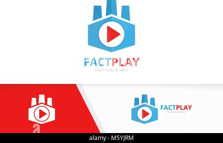 Vector button play and factory logo combination. Record and industry symbol or icon. Unique help and manufacturing logotype design template. Stock Vector
