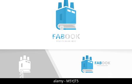 Vector book and factory logo combination. Industry and market symbol or icon. Unique bookstore, library and manufacturing logotype design template. Stock Vector