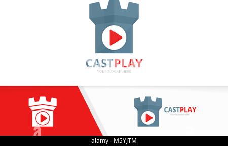 Vector button play and castle logo combination. Record and tower symbol or icon. Unique help and fortress logotype design template. Stock Vector