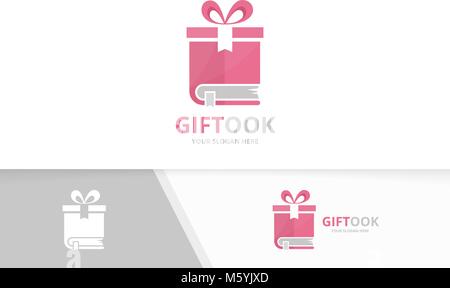 Vector book and gift logo combination. Present and market symbol or icon. Unique bookstore, library and surprise logotype design template. Stock Vector