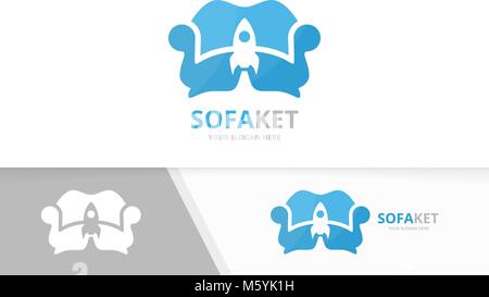 Vector sofa and rocket logo combination. Couch and airplane symbol or icon. Unique armchair and flight logotype design template. Stock Vector