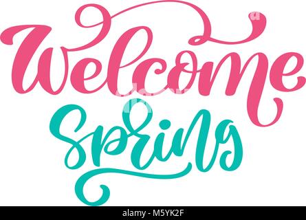 Welcome Spring Hand drawn quote text. Trendy hand lettering quote, fashion graphics, art print for posters and greeting cards design. Calligraphic isolated quote in black ink. Vector illustration Stock Vector