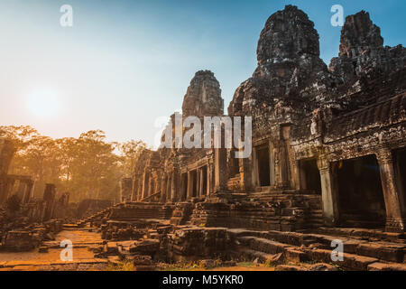 statue Bayon Temple Angkor Thom, Cambodia. Ancient Khmer architecture Stock Photo