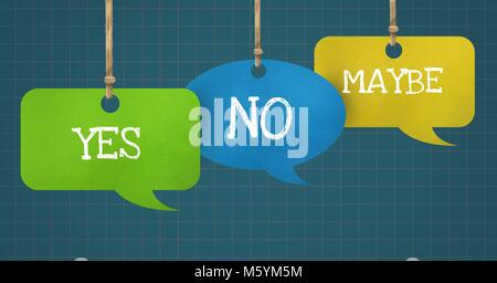 Yes No Maybe text on hanging paper speech bubbles Stock Photo