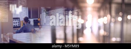Man working and screen text interface and transition Stock Photo