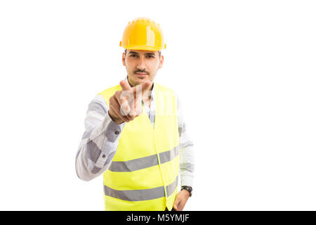 Builder or worker making I'm watching you gesture isolated on white background Stock Photo