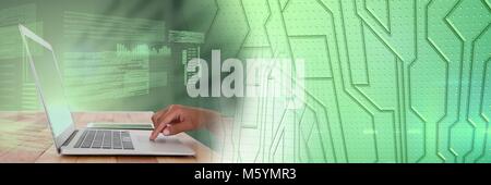 Hand working on laptop with screen text interface and technology transition Stock Photo