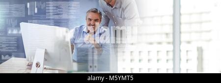Businessmen working on laptop with screen text interface and transition Stock Photo