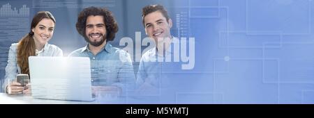 Business people working on laptop with screen text interface and transition Stock Photo