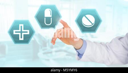 Doctor hand interacting with medical hexagon interface Stock Photo