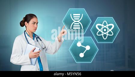 Female doctor interacting with medical hexagon interface Stock Photo