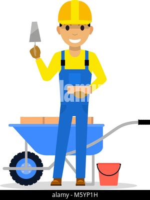 Vector cartoon man bricklayer stands with a brick Stock Vector