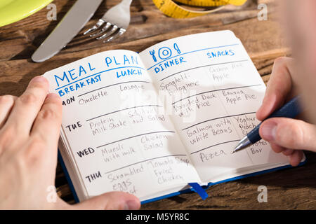 Hand Making Meal Plan On Notebook With Fork And Knife On Desk Stock Photo